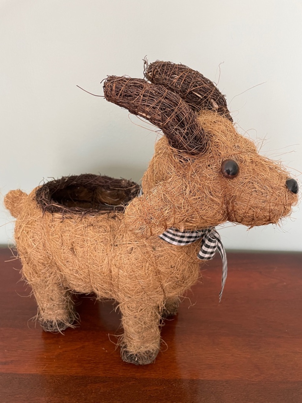 Brown Goat Shaped Decorative Planter with Gingham Bow